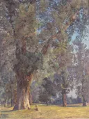 Trees in the Prater van Ferdinand Georg Waldmüller: landschap met bomen, park, zomer en gras, in groen en lichtblauw