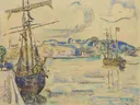 Tréguier, lot.340 van Paul Signac: zee met zeilschip, haven, masten en water, in okergeel met blauw