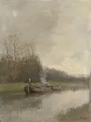 Trekvaart van Anton Mauve: landschap met vaart, schuit, bomen en mist, in gedempt grijsgroen