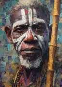 Portret van een Afrikaanse tribale oudste met wit-rode gezichtsverf en een houten staf