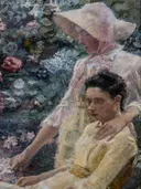 Trio fleuri van Jan Toorop: portret met vrouw, witte hoed, bloemen en jurk, in zacht roze en wit