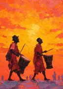 Twee trommelaars in silhouet tegen een oranje avondlucht
