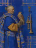 Schilderij van trompet aan een haak in kobalt en saffraan