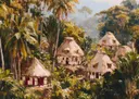 Landschapsschilderij van een tropisch dorp met rieten hutten tussen palmbomen