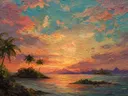 Schilderij van groene palmbomen en tropische eilanden bij een kleurrijke zonsondergang