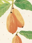 Schilderij van hangend tropisch fruit aan een tak met groene bladeren