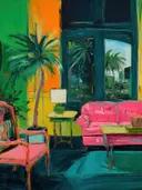 Kleurrijk geschilderd interieur met palmboom en roze bank in fauvistische stijl