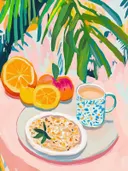 Schilderij van een ontbijtbord met citrusfruit en een kop thee onder tropische bladeren.