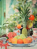 Stilleven met ananas, fruit en planten op een tafel in een groen interieur.