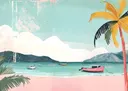 Illustratie van een tropisch strand met bootjes en palmboom