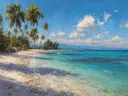 Schilderij van een tropisch strand met palmbomen en turquoise zee