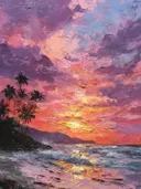Getextureerd olieverfschilderij van een tropische zonsondergang met palmbomen en rotsen tegen een paars-oranje lucht