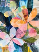Abstracte collage van bladvormige vlakken in oranje, roze, groen en blauw