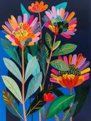 Tropische bloemen schilderij op blauwe achtergrond, kleurrijke botanische illustratie