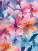 Aquarel schilderij van tropische bloesems in roze, oranje en blauw pastelkleuren