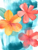 Schilderij van gele en koraalkleurige frangipanibloemen op een turquoise achtergrond