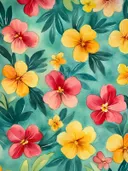 Schilderij van rode, roze en gele tropische bloemen op een groenblauwe achtergrond