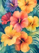 Aquarel met kleurrijke hibiscusbloemen in paars, geel en oranje tussen tropische bladeren