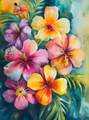 Roze, gele, paarse en oranje hibiscusbloemen met palmbladeren