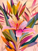 Tropische lelie bloem schilderij, kleurrijke botanische illustratie met bladeren