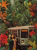 Surrealistisch schilderij van vintage tram in jungle