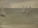 Trouville (Grey and Green, the Silver Sea) van James McNeill Whistler: zee met zee, zeilboten, horizon en strand, in zilvergrijs en groen