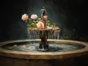 Schilderij van een tuinfontein met rozen