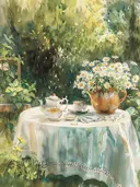 Schilderij van een tuintafel met madeliefjes in de tuin