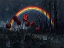 Schilderij van tulp aan de bosrand in bordeaux, in vlakke kleurvlakken