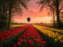Landschapsfoto van tulp bij de zonsondergang, met een luchtballon boven de horizon