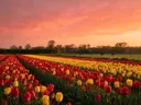 Landschapsfoto van tulp bij de zonsondergang, met een paar koeien
