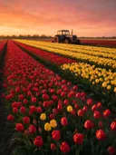 Landschapsfoto van tulp bij de zonsondergang, met een oude tractor