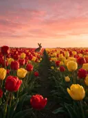 Landschapsfoto van tulp bij de zonsondergang, met een konijn