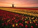Landschapsfoto van tulp bij de zonsondergang, met een windmolen in de verte