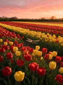 Landschapsfoto van tulp bij de zonsondergang, met een libelle