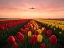 Landschapsfoto van tulp bij de zonsondergang, met een klein vliegtuigje hoog in de lucht