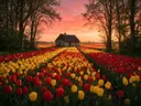 Landschapsfoto van tulp bij de zonsondergang, met een rieten boerderijwoning tussen de rijen
