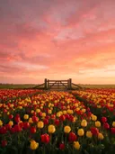 Landschapsfoto van tulp bij de zonsondergang, met een houten poort bij de ingang van het veld