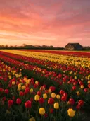 Landschapsfoto van tulp bij de zonsondergang, met een verweerde schuur aan de rand van het veld
