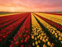 Landschapsfoto van tulp bij de zonsondergang, met een vlinder op de bloemen