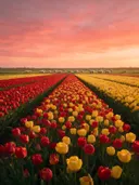 Landschapsfoto van tulp bij de zonsondergang, met een kudde schapen