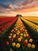 Landschapsfoto van tulp bij het gouden uur, met een boerderijtje aan het einde van de rijen