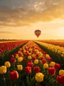 Landschapsfoto van tulp bij het gouden uur, met een luchtballon boven de horizon