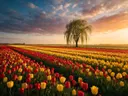 Landschapsfoto van tulp bij het gouden uur, met een treurwilg