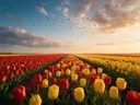 Landschapsfoto van tulp bij het gouden uur, met een zwerm vogels
