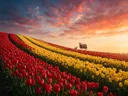 Landschapsfoto van tulp bij het gouden uur, met een ooi met haar lammetje