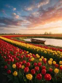 Landschapsfoto van tulp bij het gouden uur, met een roeibootje