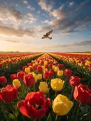 Landschapsfoto van tulp bij het gouden uur, met een torenvalk