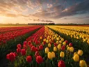 Landschapsfoto van tulp bij het gouden uur, met een stoomtrein in de verte