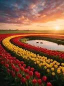 Landschapsfoto van tulp bij het gouden uur, met een koppel eenden